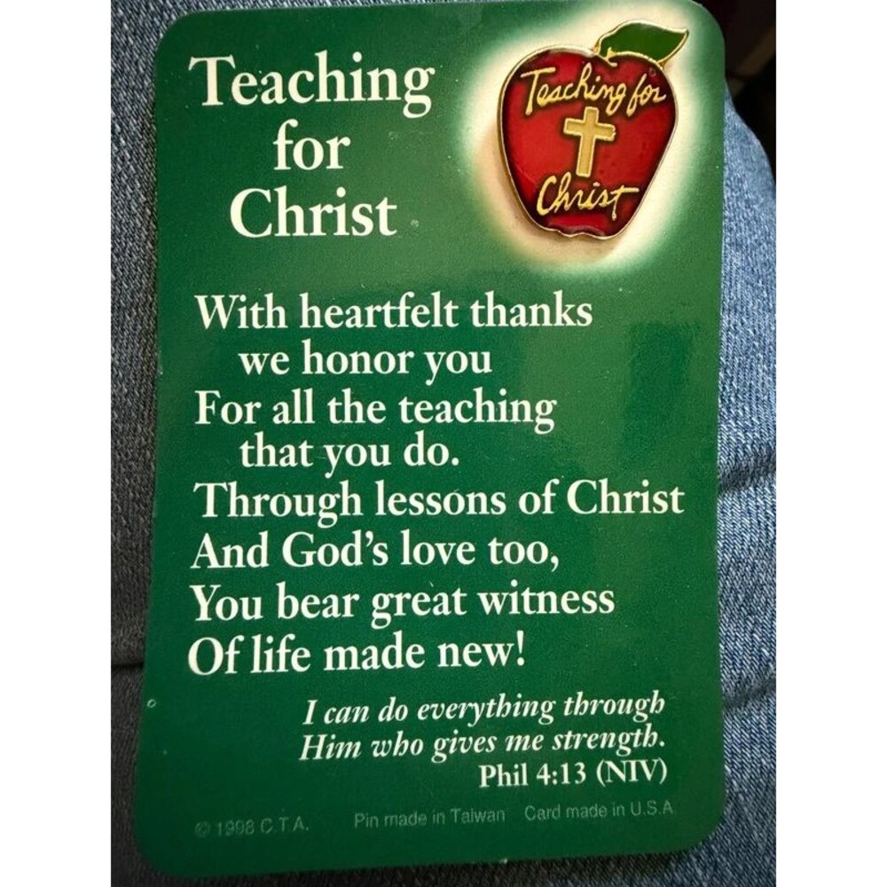 Vintage 1998 Teaching for Christ Apple Enamel Pin on Card
